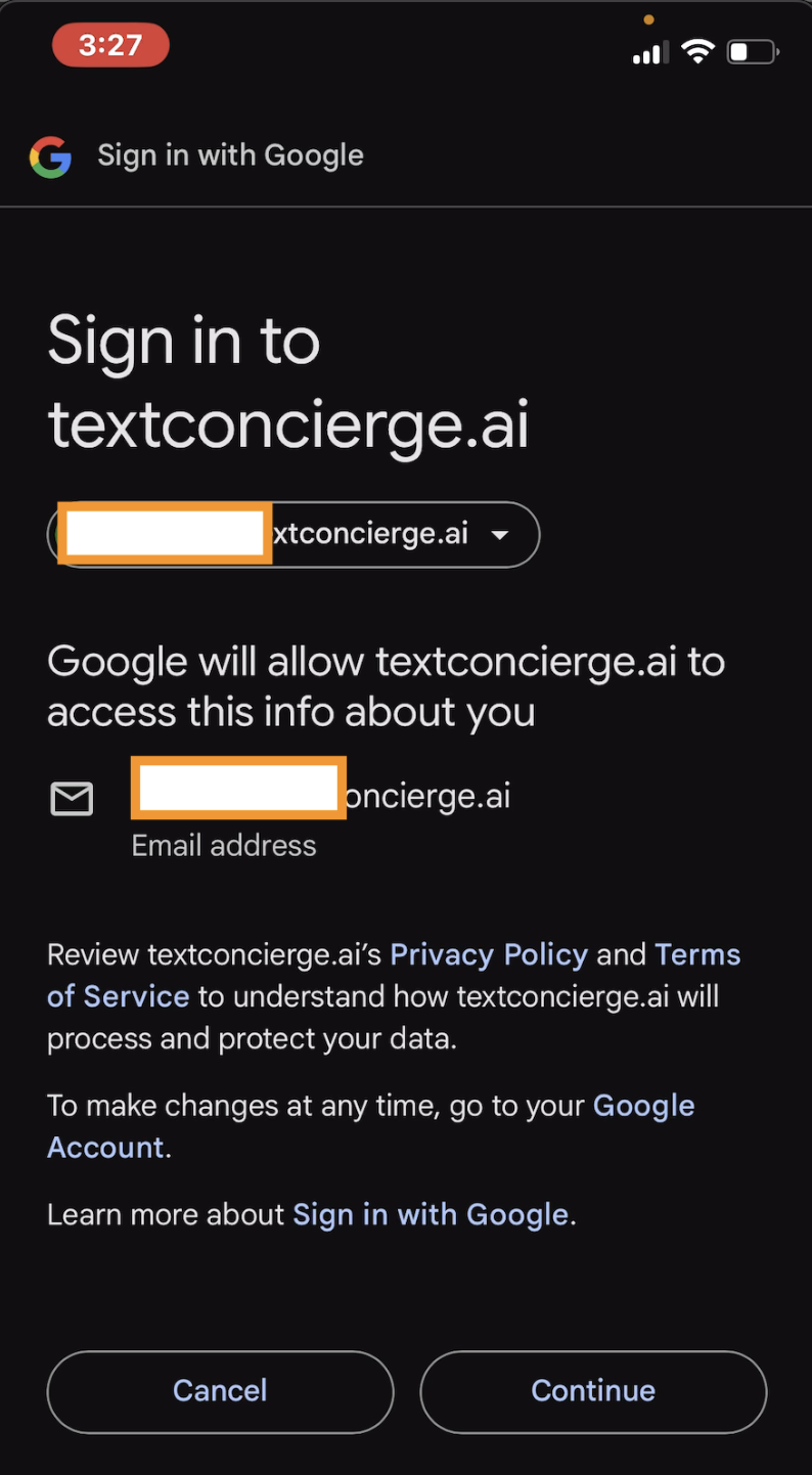 Screenshot: Account selection permission