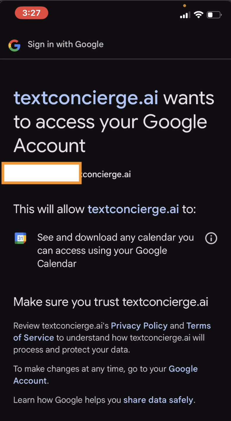 Screenshot: Calendar read permission
