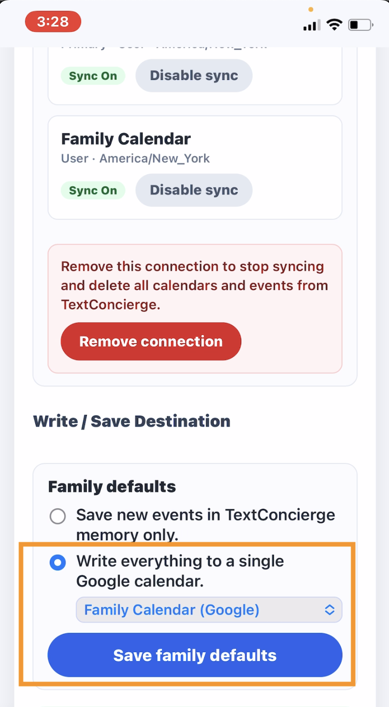 Screenshot: Choosing the write calendar