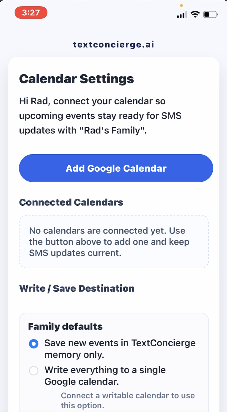 Screenshot: Connecting Google Calendar