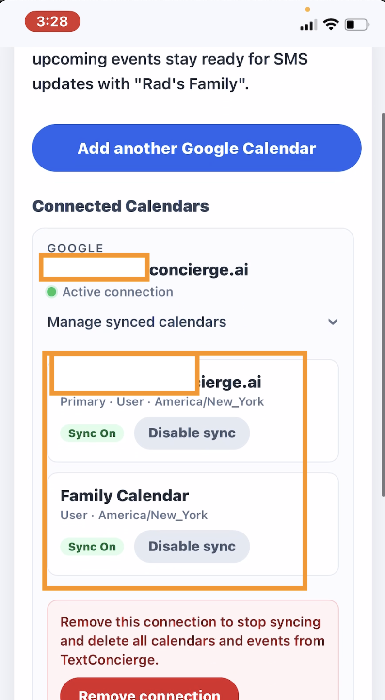 Screenshot: Selecting calendars to read