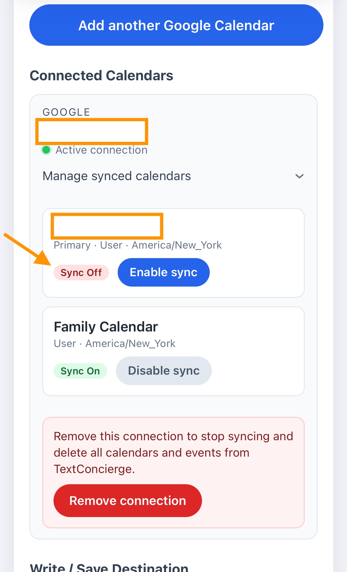 Personal sync off; Family sync on